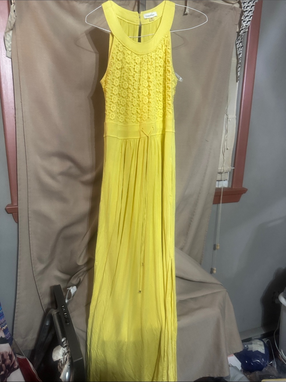 Calvin Klein Bright Yellow Sleeveless Lace-Bodice Maxi Dress
